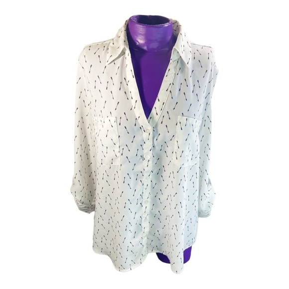 IZ Byer white black sheer arrow pattern button up roll sleeve blouse L - Picture 1 of 9
